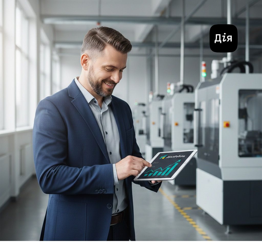 Консультант з планшетом та логотип Дія. Отримання державних грантів для бізнесу за програмою єРобота